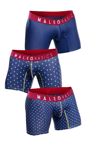 Set of three marine blue men’s boxer briefs with red waistbands and male basics logo in solid and white triangle patterns