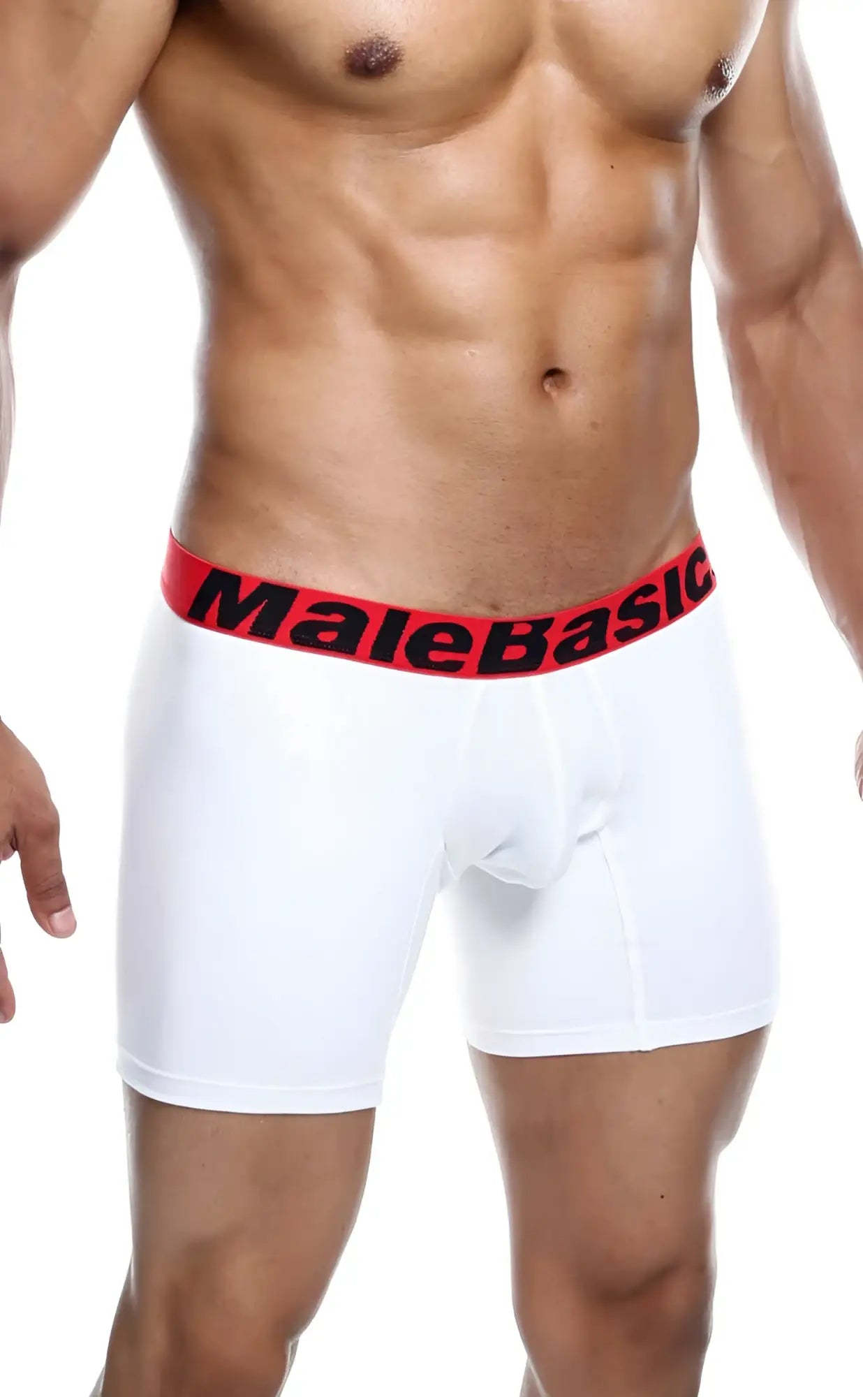 Malebasics 3-pack white malebasic boxer briefs with bold red waistband and black lettering for comfortable everyday wear