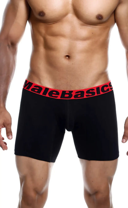 Black malebasics boxer briefs with red waistband and bold black brand name in a 3-pack multi set