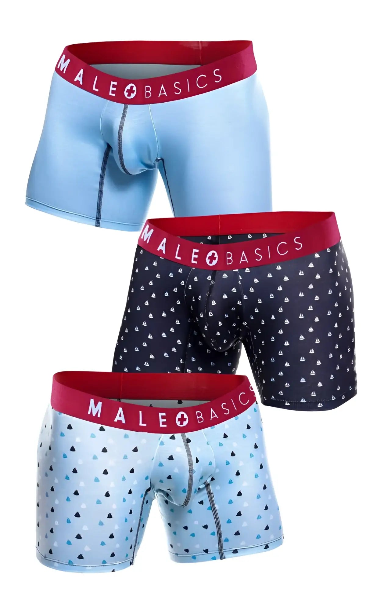 Set of three malebasics boxer briefs in light blue, dark navy with white sailboats, and light blue with black triangles