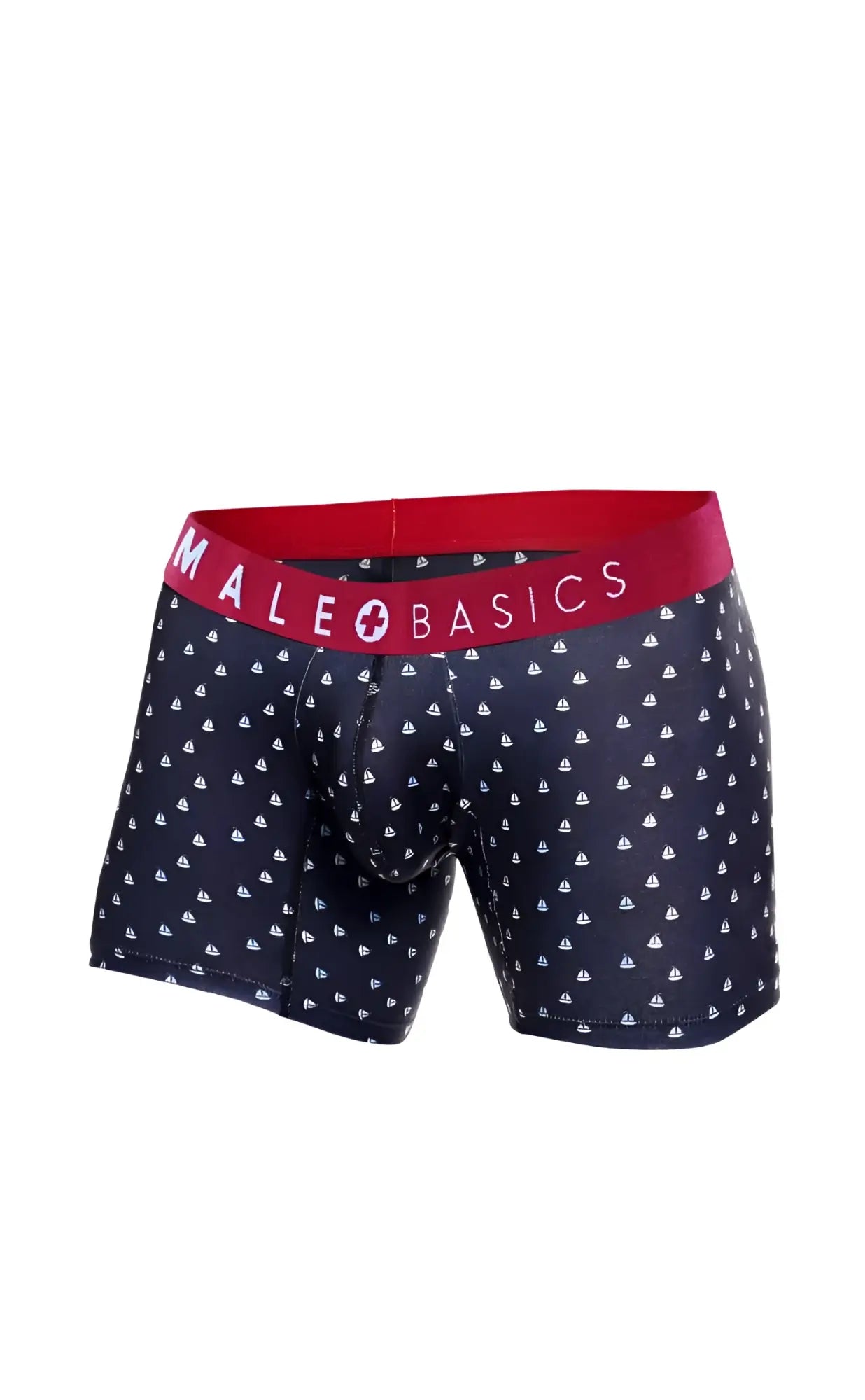Dark navy boxer briefs with white sailboat pattern and red waistband featuring male basics logo in 3-pack set