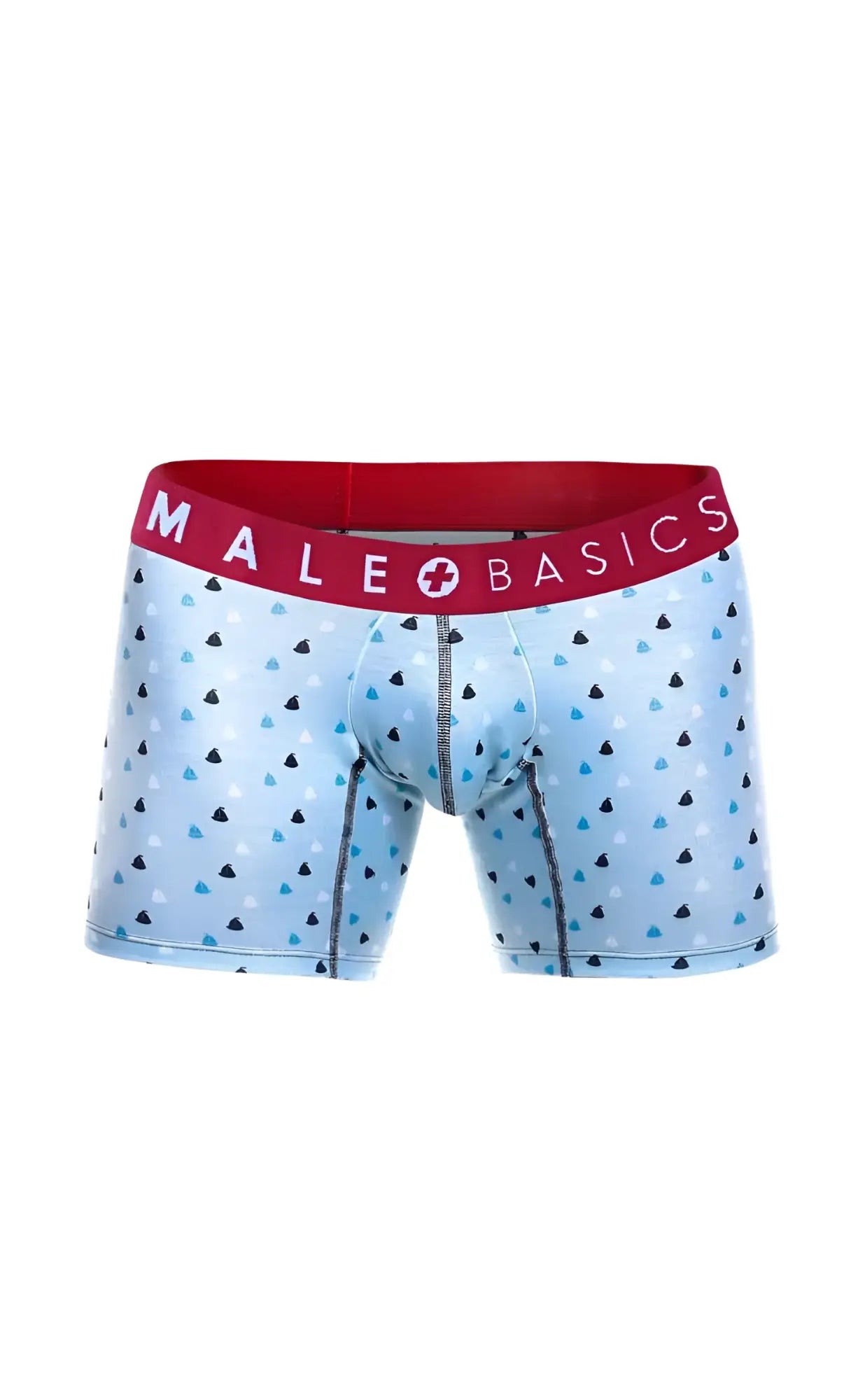 Light blue male basics boxer briefs with black and teal triangle pattern and red branded waistband in 3-pack set
