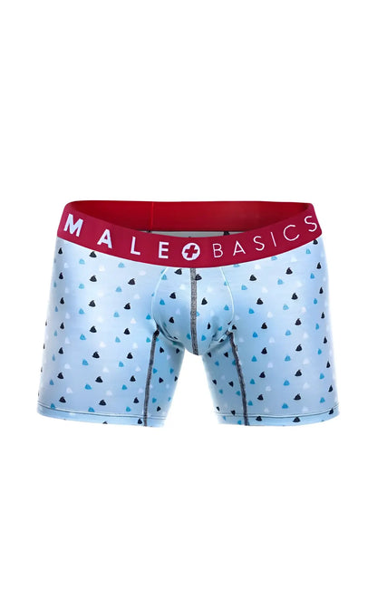 Light blue male basics boxer briefs with black and teal triangle pattern and red branded waistband in 3-pack set