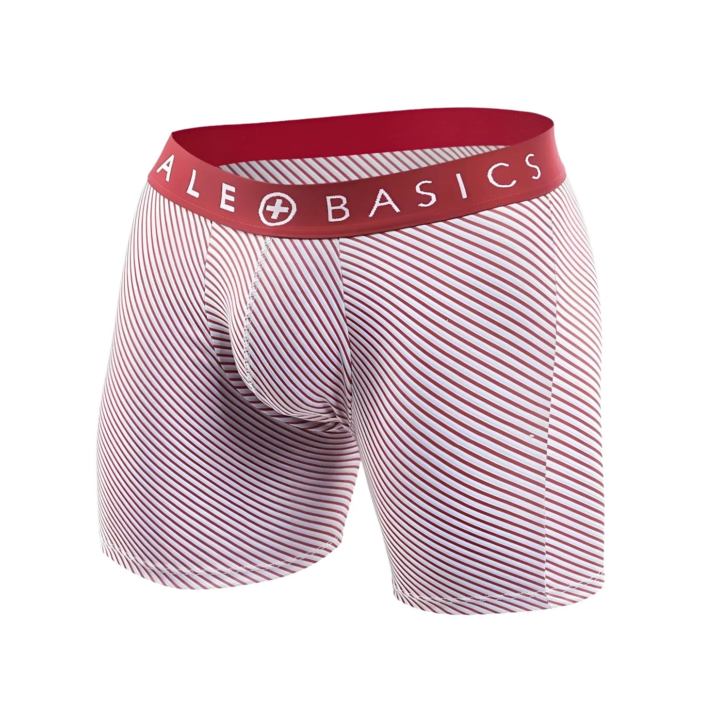 Red and white striped men’s boxer briefs with red waistband featuring malebasics logo from 3-pack boxer brief prints