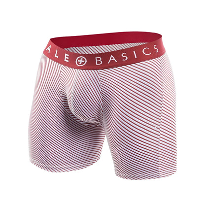 Red and white striped men’s boxer briefs with red waistband featuring malebasics logo from 3-pack boxer brief prints