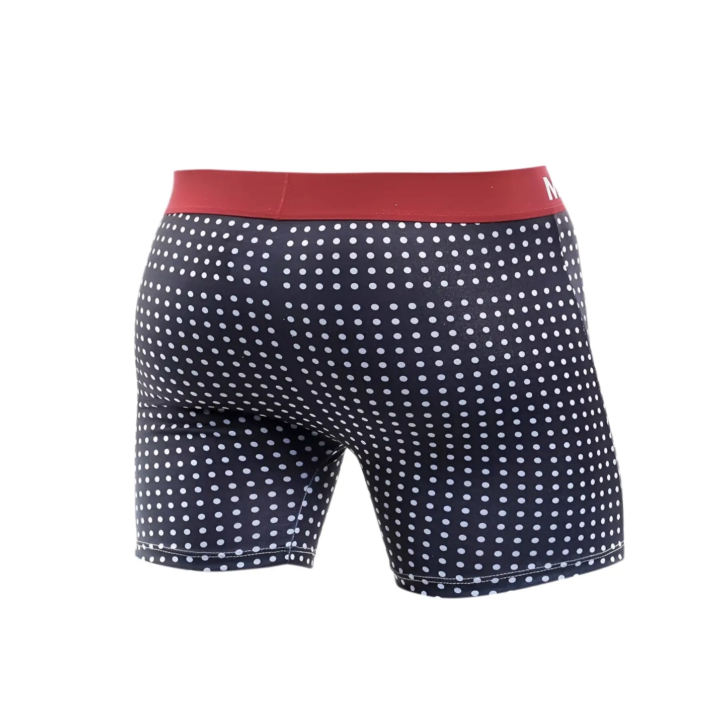 Navy blue malebasics boxer briefs with white polka dots and red waistband in a 3-pack printed set