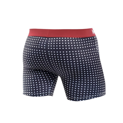Navy blue malebasics boxer briefs with white polka dots and red waistband in a 3-pack printed set