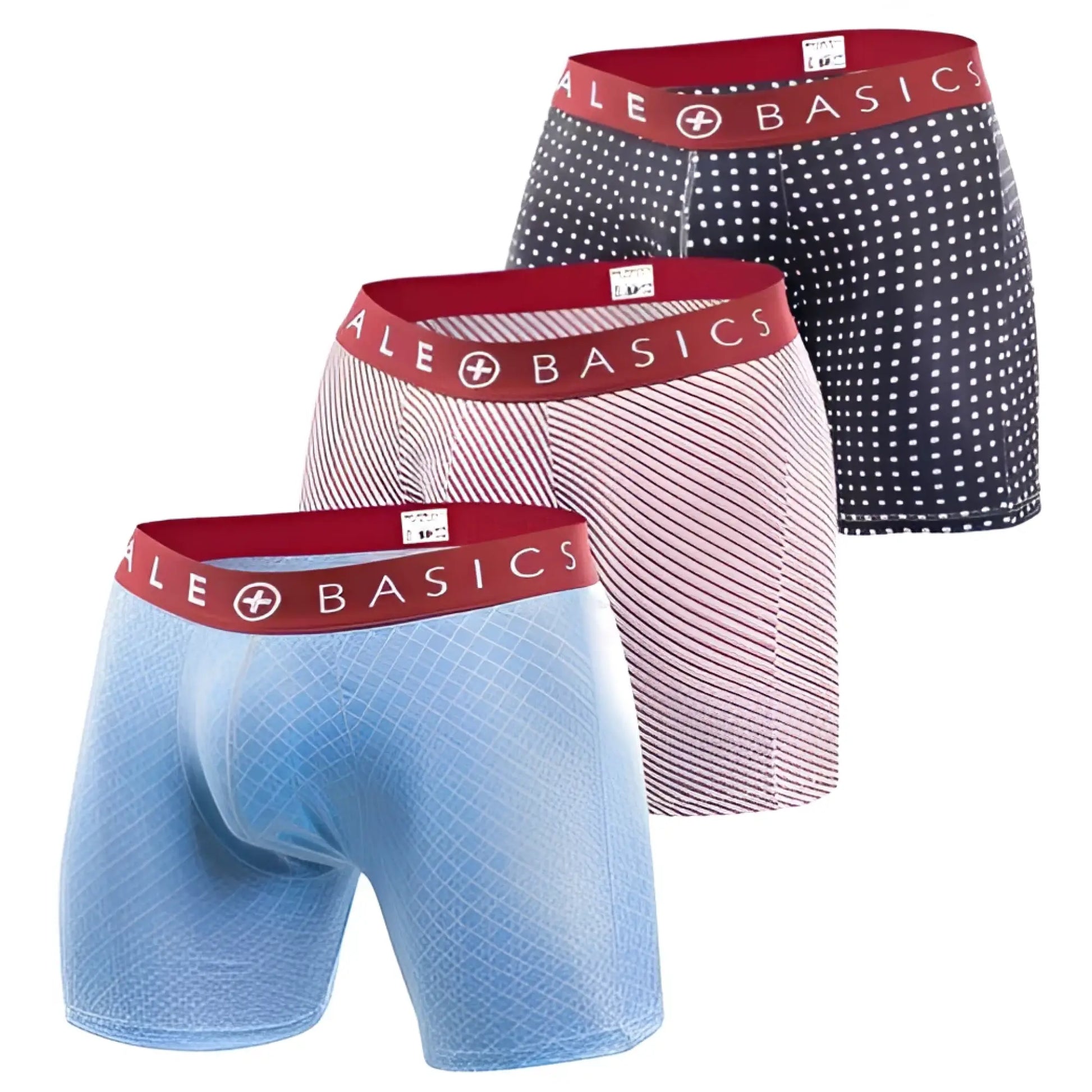 Set of three malebasics boxer briefs in blue pink and navy with white patterns and red branded elastic waistbands