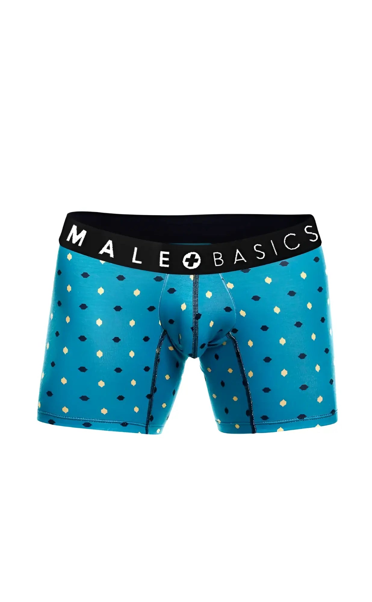 Blue patterned men’s boxer briefs with black waistband featuring male basics logo from MaleBasics 3-Pack Boxer Brief Stache