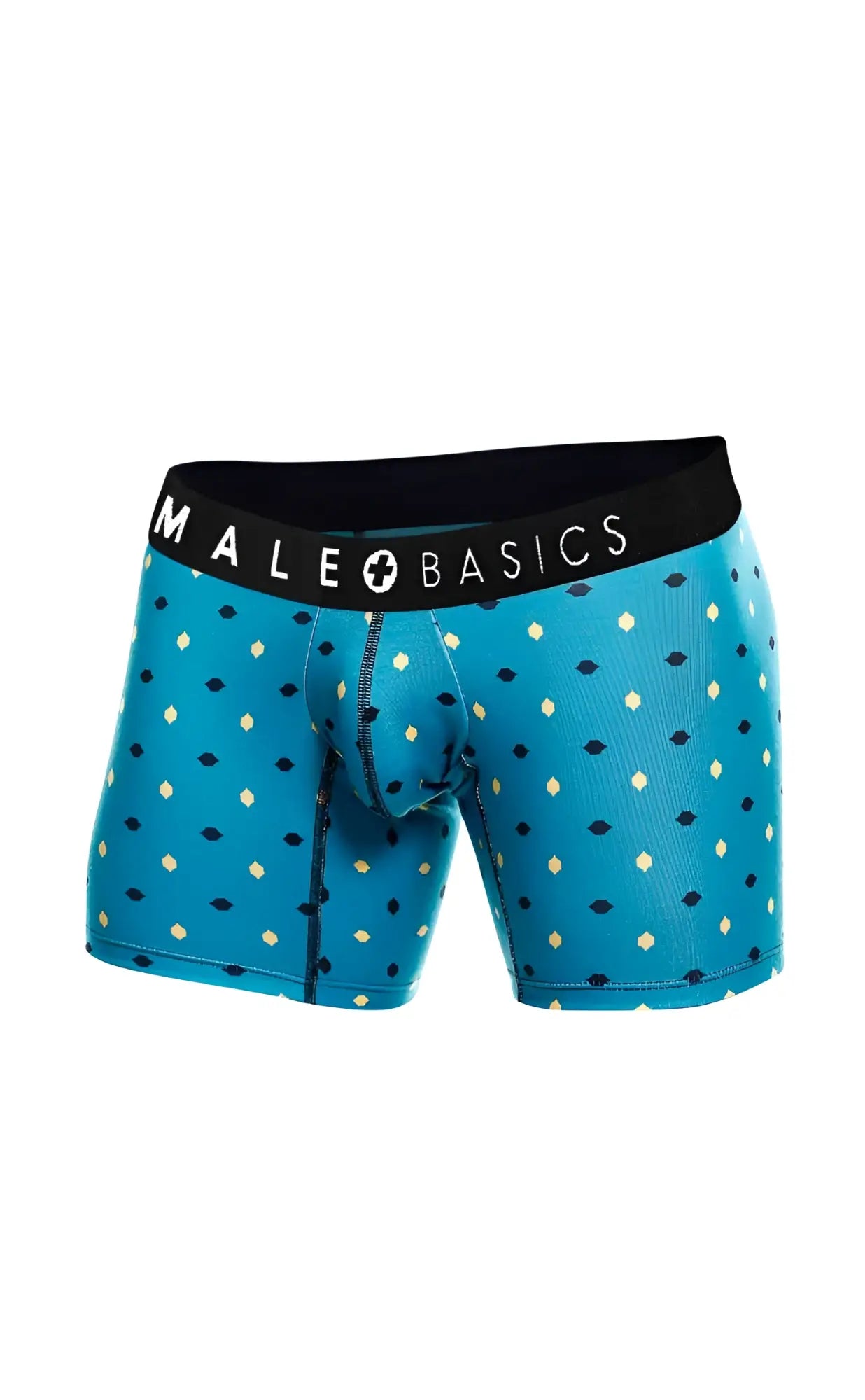 Blue patterned men’s boxer briefs with black waistband and male basics logo from malebasics 3-pack boxer brief stache