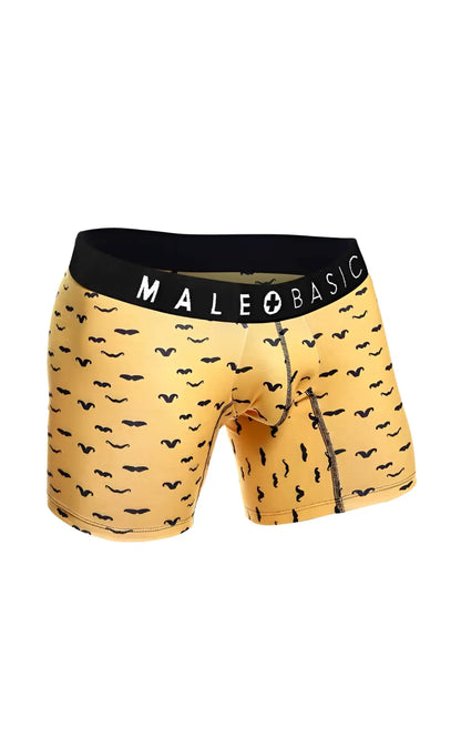 Yellow men’s boxer briefs with black mustache pattern and male basic logo waistband from malebasics 3-pack stache