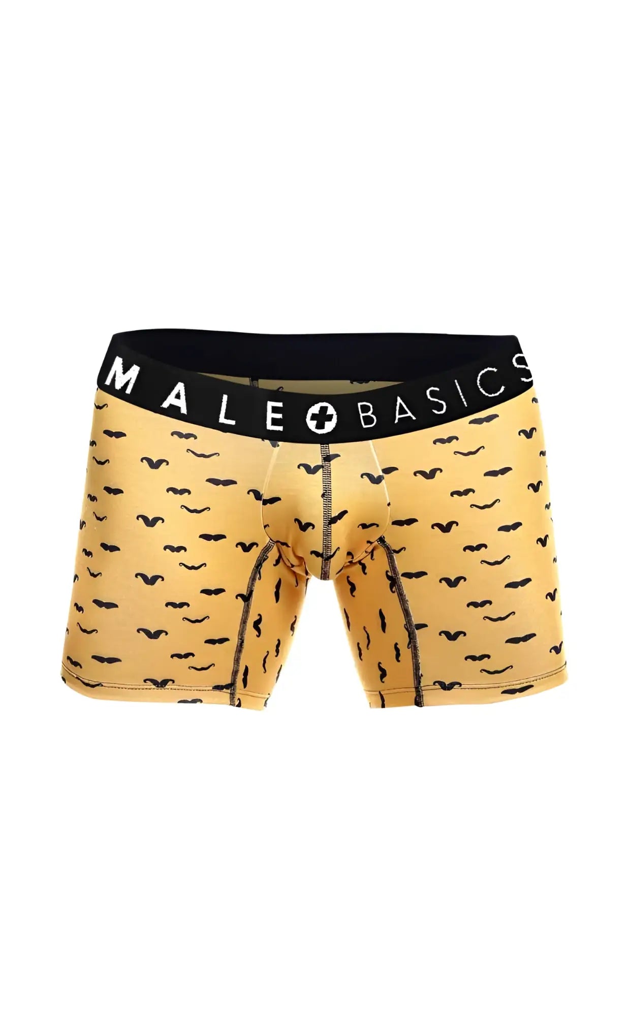 Yellow men’s boxer briefs with black mustache pattern and black male basics waistband from the malebasics 3-pack stache set