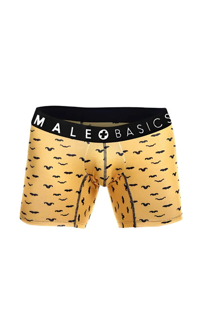 Yellow men’s boxer briefs with black mustache pattern and black male basics waistband from the malebasics 3-pack stache set