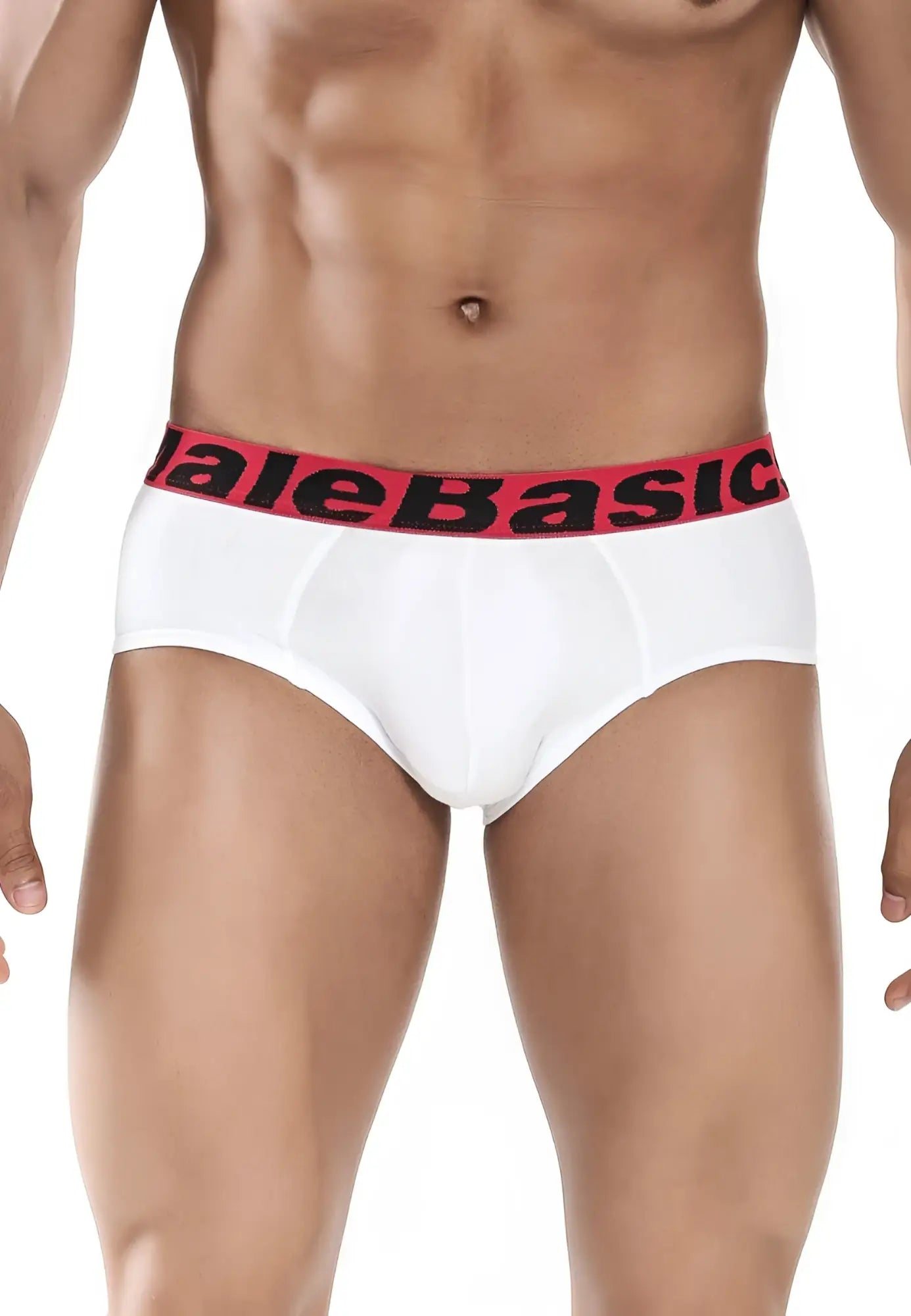 Malebasics 3-pack brief white men’s briefs with red elastic waistband and malebasic logo in black text