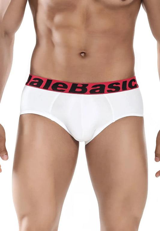 White men’s briefs with red elastic waistband featuring malebasic logo in black from malebasics 3-pack brief