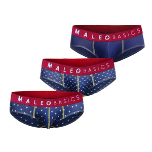 Set of three navy blue male basics briefs with white diamond patterns gold zipper and red branded waistband