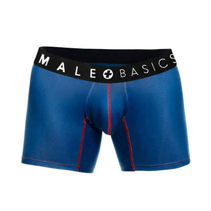 Blue male basics boxer briefs with black waistband logo and red side stitching in a 3-pack timon set