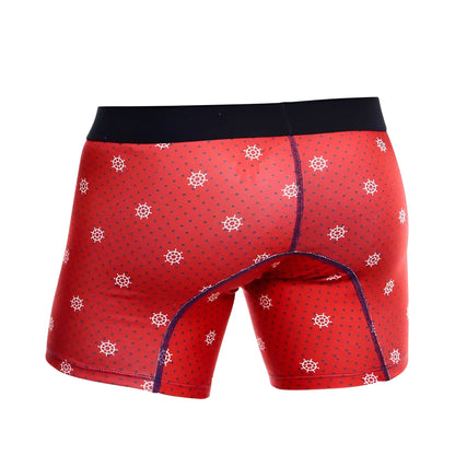 Malebasics red men’s boxer briefs with navy waistband and white ship wheel pattern in a 3-pack timon set