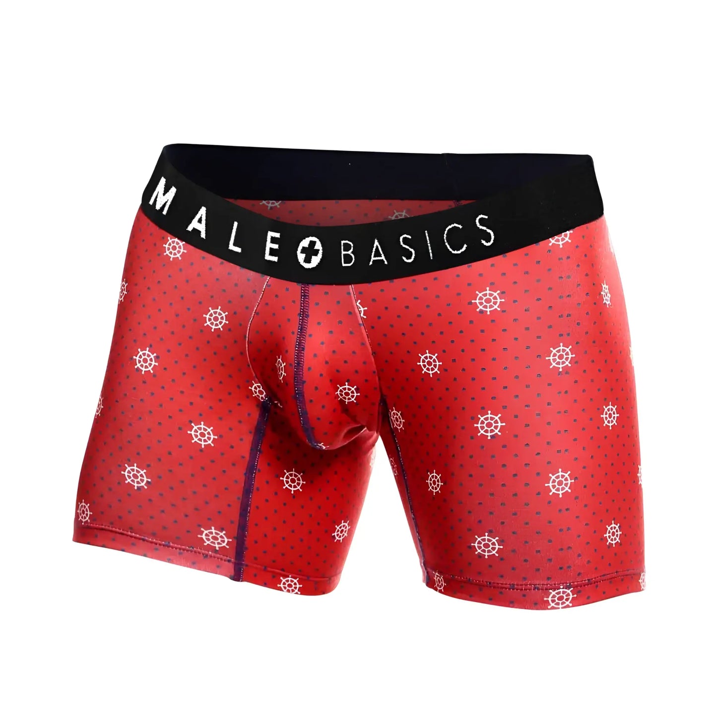 Red men’s boxer briefs with white ship wheel pattern and black waistband with male basics logo in a 3-pack set