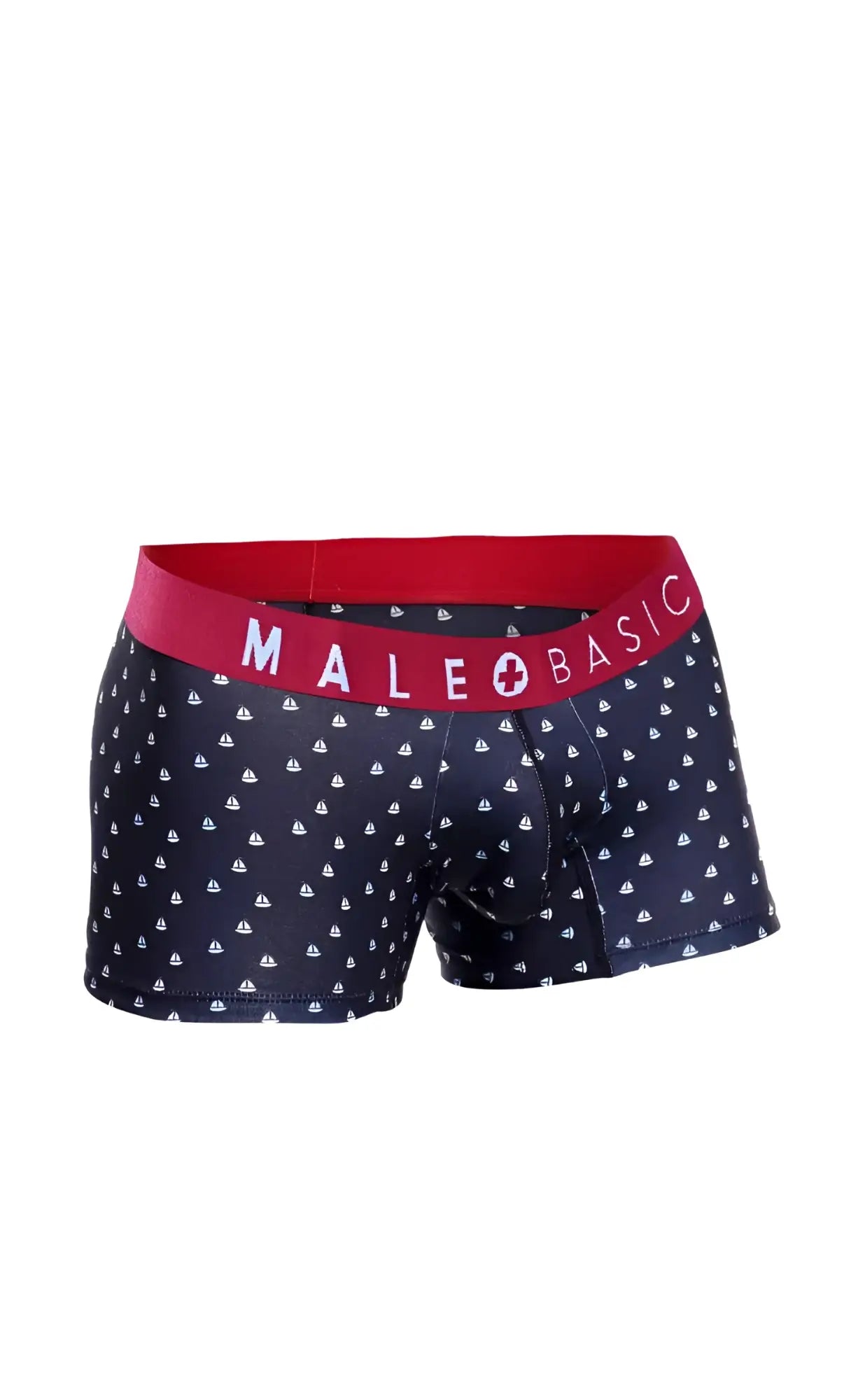 Dark blue malebasics trunk boxer briefs with white sailboat pattern and red waistband in 3 pack set