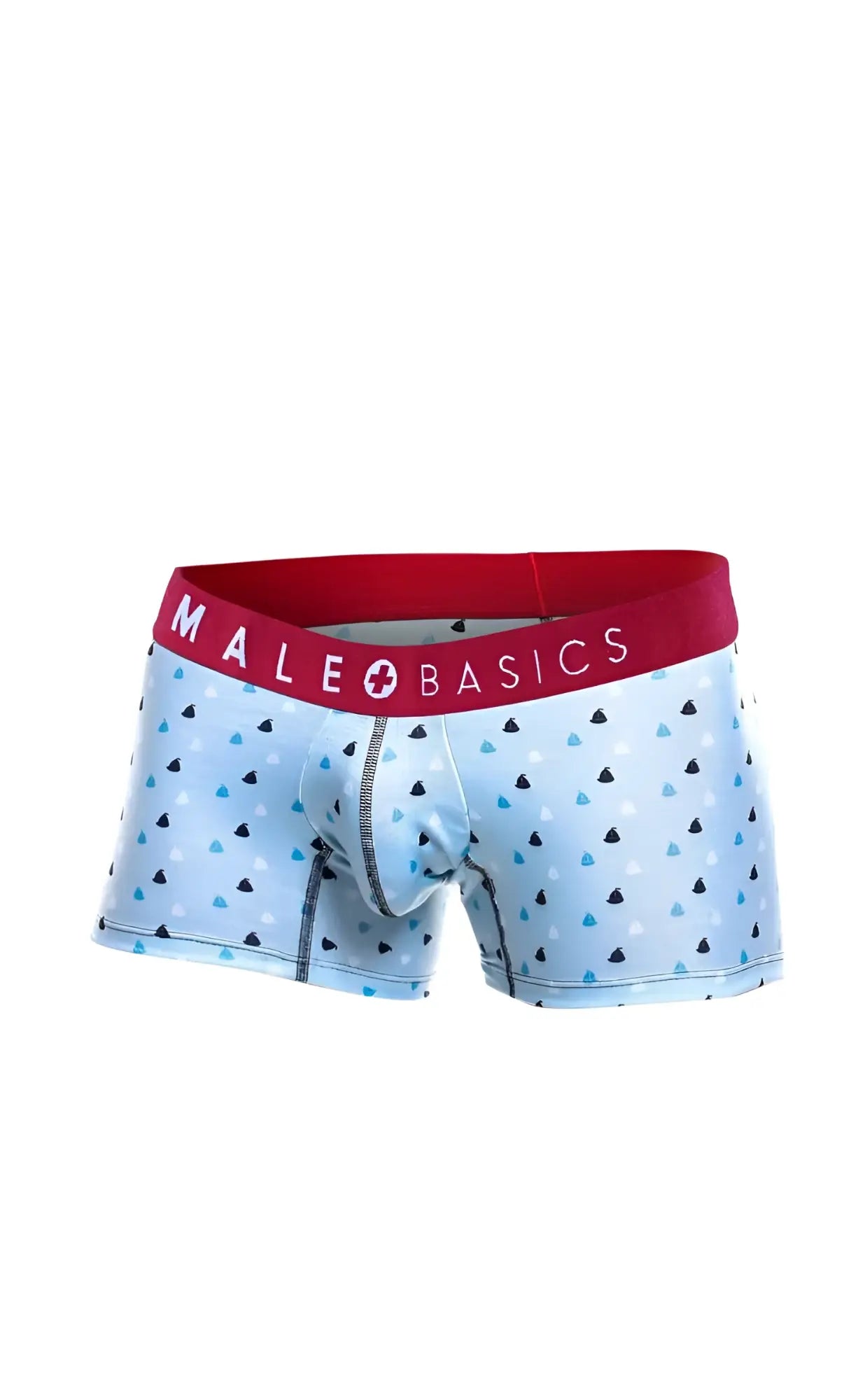 Light blue men’s briefs with black and teal triangle pattern and red male basics waistband from 3-pack trunk boats