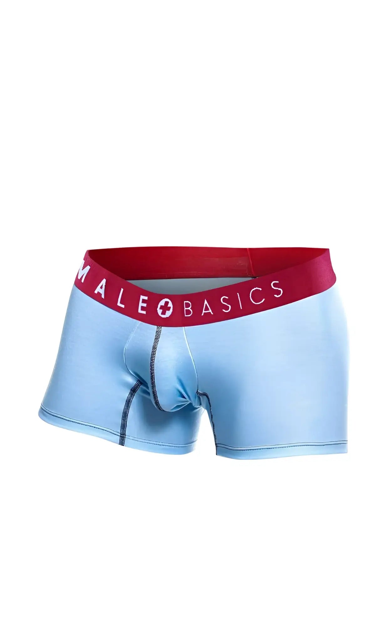 Light blue men’s boxer briefs with red waistband and male basics logo from malebasics 3-pack trunk boots set