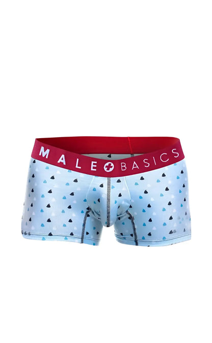 Light blue men’s boxer briefs with black and light blue triangle pattern and red MaleBasics branded waistband