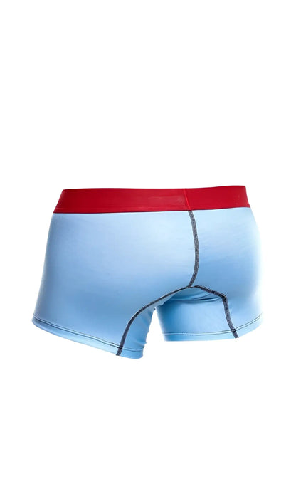 Malebasics light blue boxer briefs with red waistband and dark seam stitching in 3-pack trunk boats set