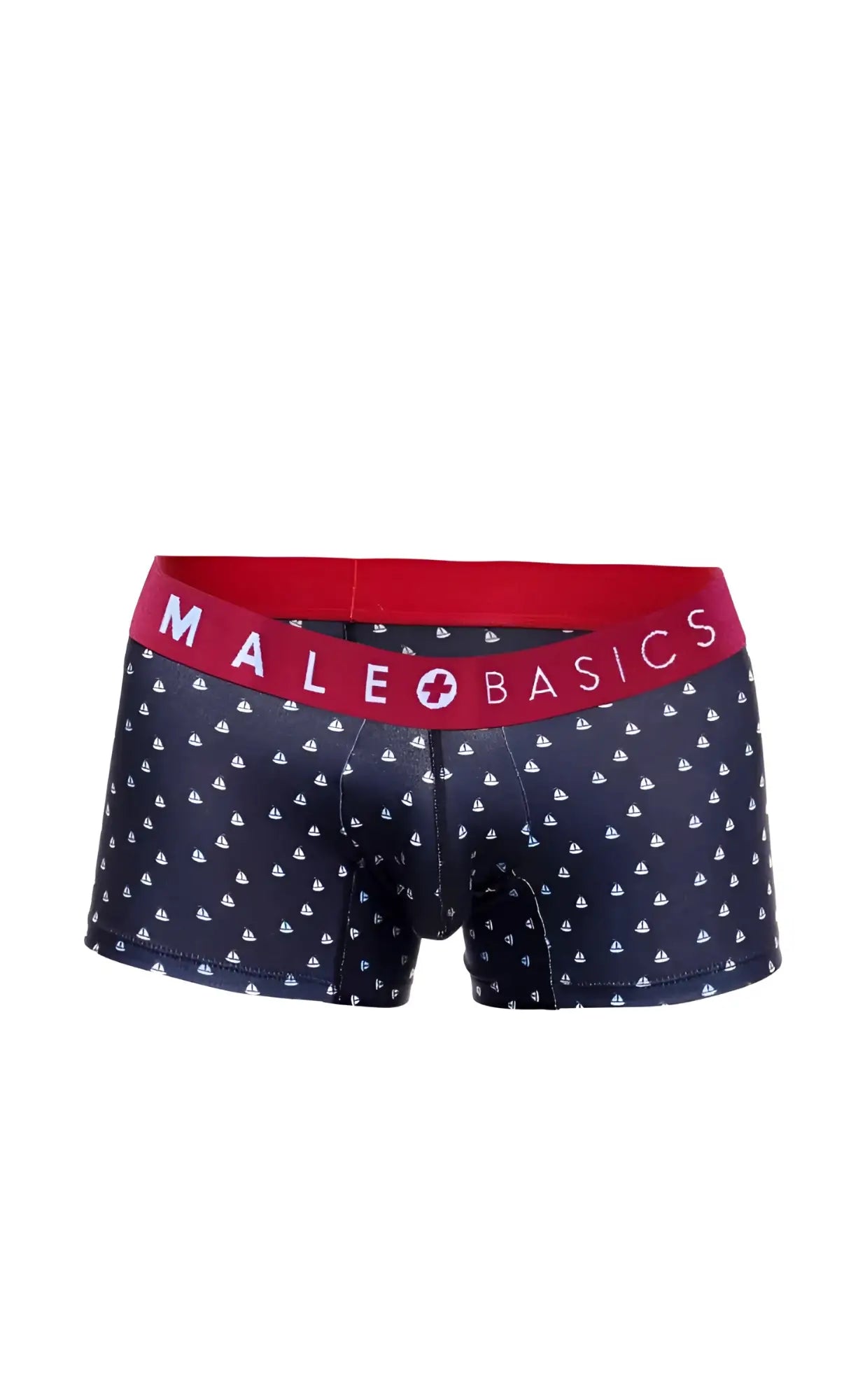 Dark blue men’s boxer briefs with white sailboat pattern and red male basics waistband in a 3 pack trunk boats set