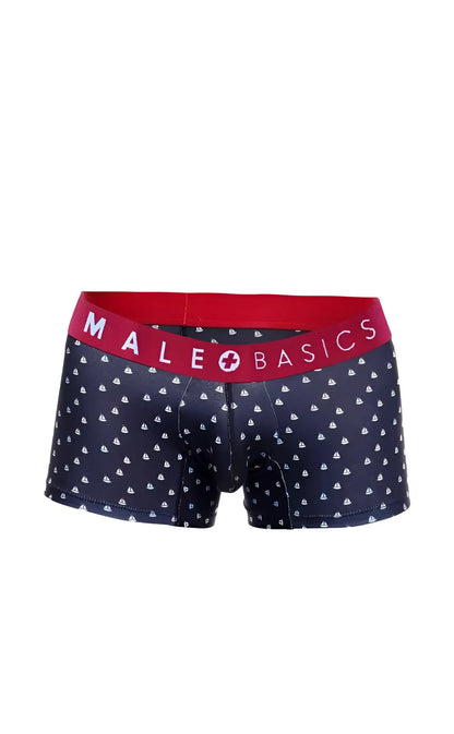Dark blue men’s boxer briefs with white sailboat pattern and red male basics waistband in a 3 pack trunk boats set