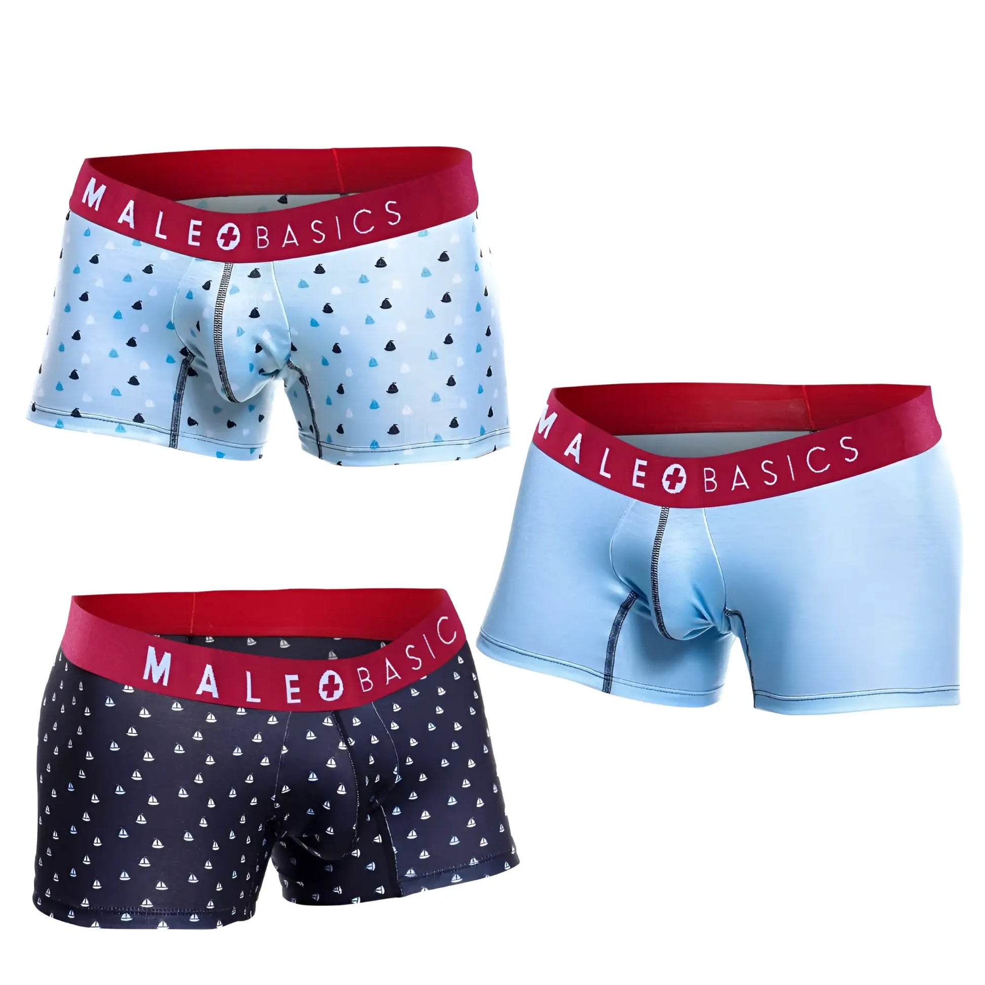 Three pairs of malebasics 3-pack trunk boats boxer briefs with red waistbands and blue triangle and navy sailboat patterns