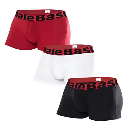 Set of three MaleBasics basic boxer briefs in red white and black with branded elastic waistbands in assorted trunks pack