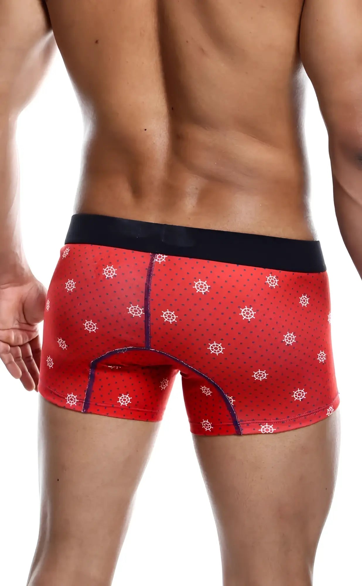 Red men’s boxer briefs with white ship wheel patterns and black waistband from malebasics 3-pack trunk timon