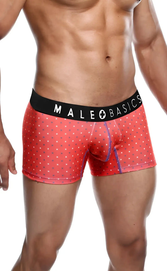 Red patterned men’s boxer briefs with black male basics logo waistband from malebasics 3-pack trunk timon