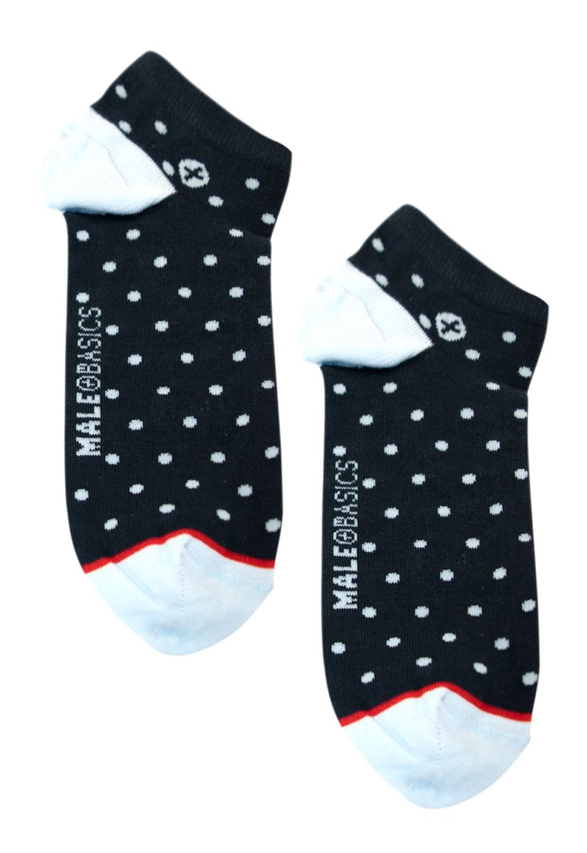 Black malebasics ankle socks with white polka dots white toe and heel and red trim featuring brand name on side