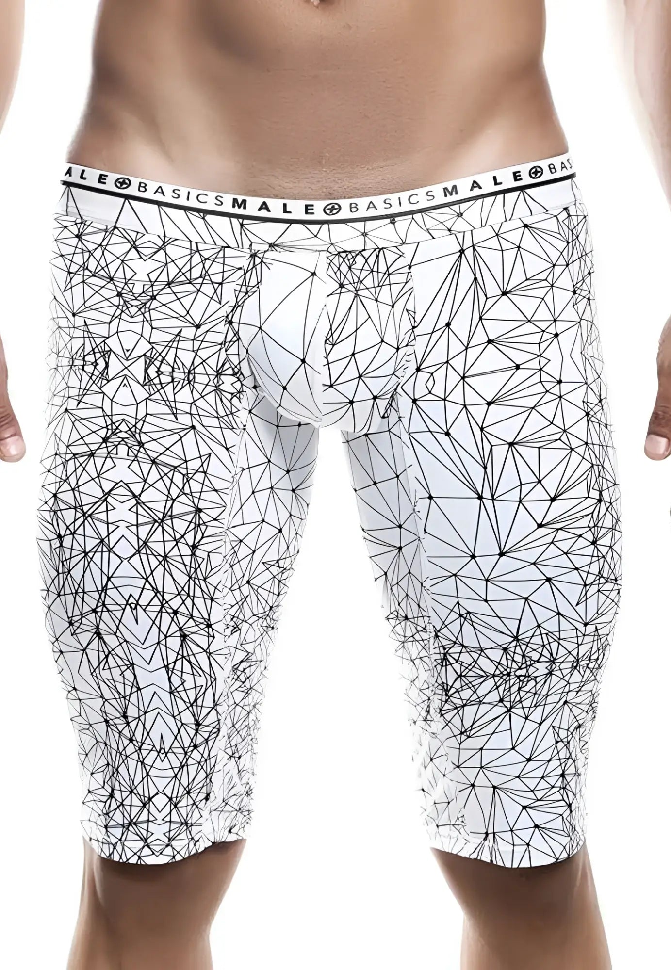 White malebasics athletic new hipster boxer brief with black geometric line pattern and elastic branded waistband