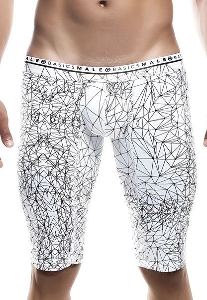 White mens briefs with black geometric line pattern and malebasics branding on waistband athletic hipster boxer brief