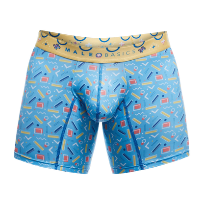 Male basics boxer brief in blue with retro yellow red and white geometric pattern and tan branded waistband