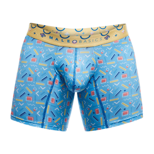 Male basics boxer brief in blue with retro yellow red and white geometric pattern and tan branded waistband