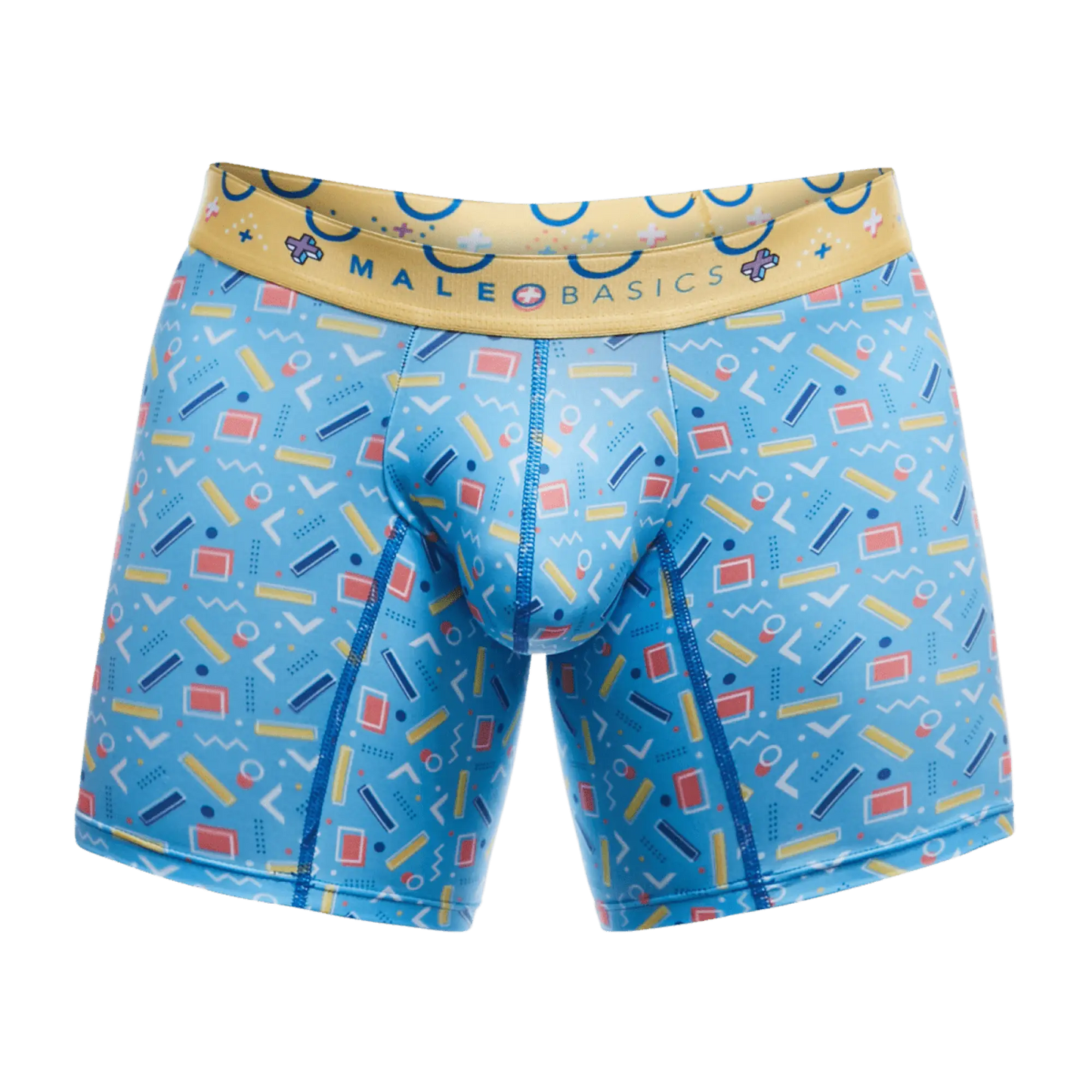 Male basics boxer briefs in blue with a retro geometric pattern and tan branded waistband for men