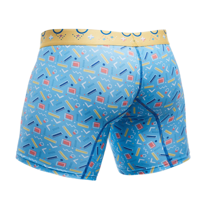 Malebasics boxer brief in blue with retro yellow red and white geometric pattern and contrasting gold waistband