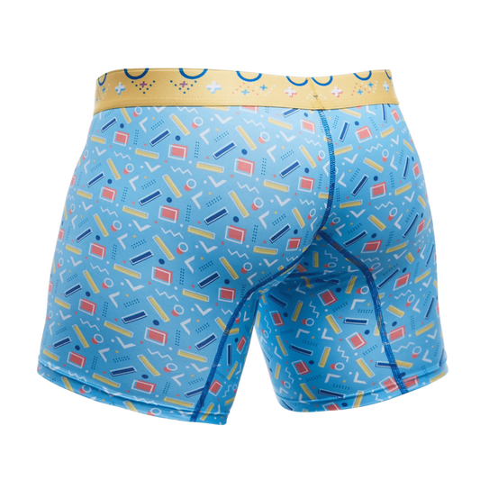 Malebasics boxer brief in blue with retro yellow red and white geometric pattern and contrasting gold waistband