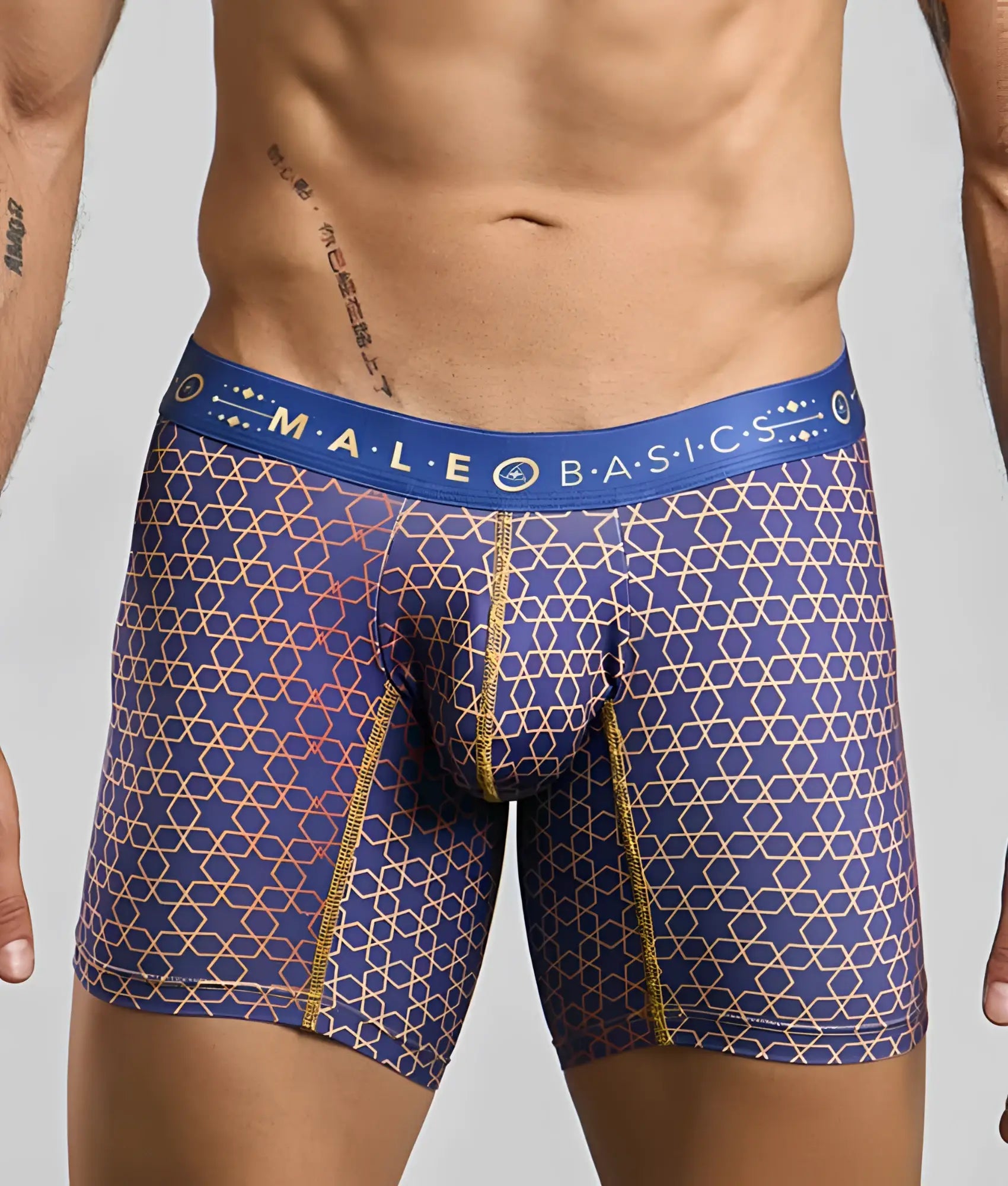 MaleBasics boxer brief hipster with blue and gold geometric pattern and branded elastic waistband for men