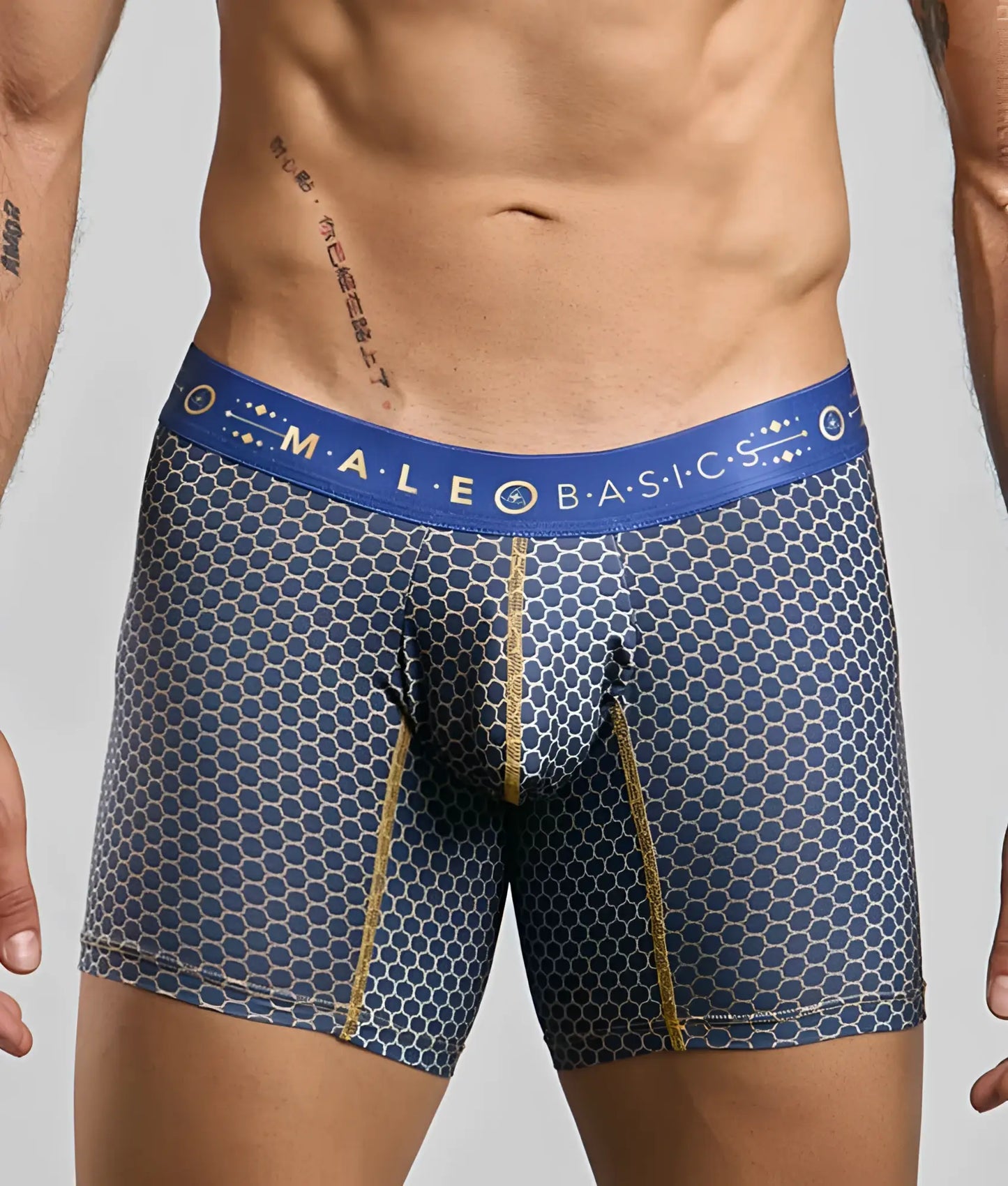 Malebasics boxer brief hipster men’s underwear in blue and gold hexagonal pattern with branded waistband