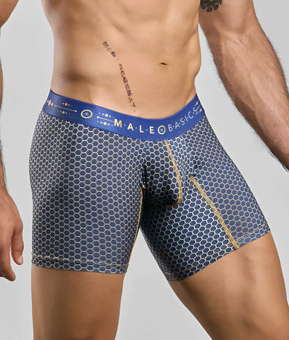 Blue honeycomb-patterned men’s boxer briefs with gold trim and MaleBasics branded waistband for comfortable fit