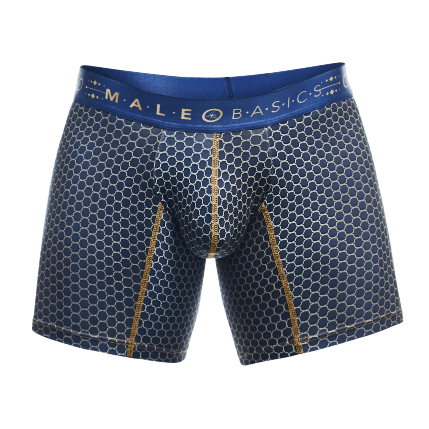Blue honeycomb patterned men’s boxer briefs with gold trim and male basics waistband from MaleBasics Boxer Brief Hipster