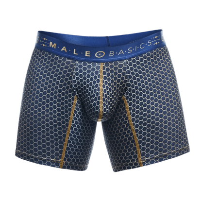 Blue honeycomb patterned men’s boxer briefs with gold trim and male basics waistband from MaleBasics Boxer Brief Hipster