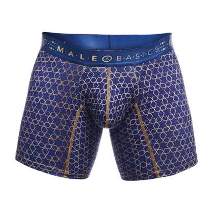 Male basics boxer brief hipster in blue with geometric gold pattern and matching gold stitching for comfortable fit