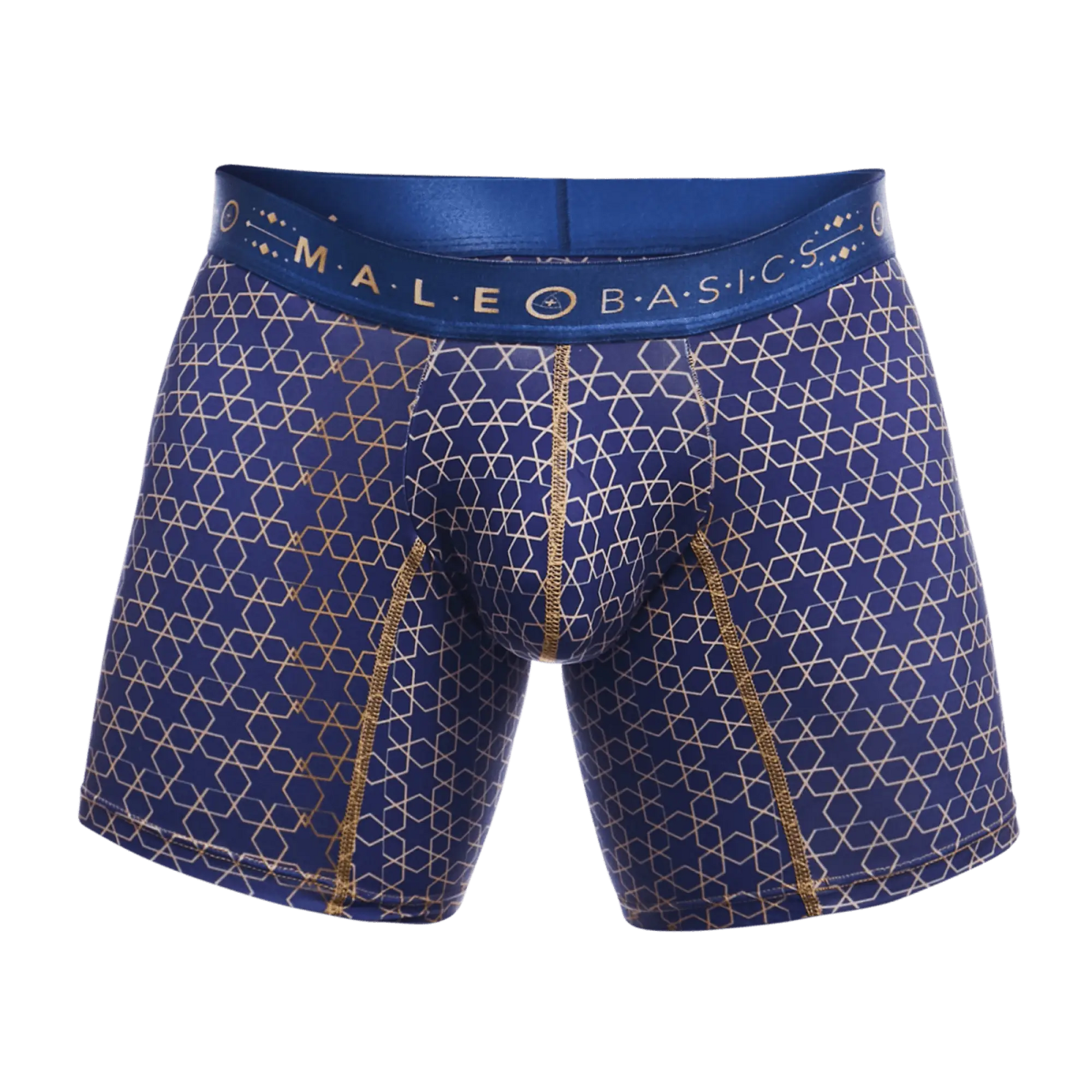 Blue MaleBasics boxer brief hipster with geometric gold pattern and matching gold stitching for comfortable wear