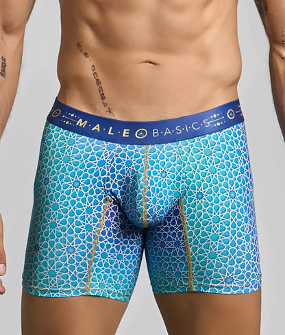 Blue patterned men’s boxer briefs with geometric design and gold trim from malebasics hipster collection